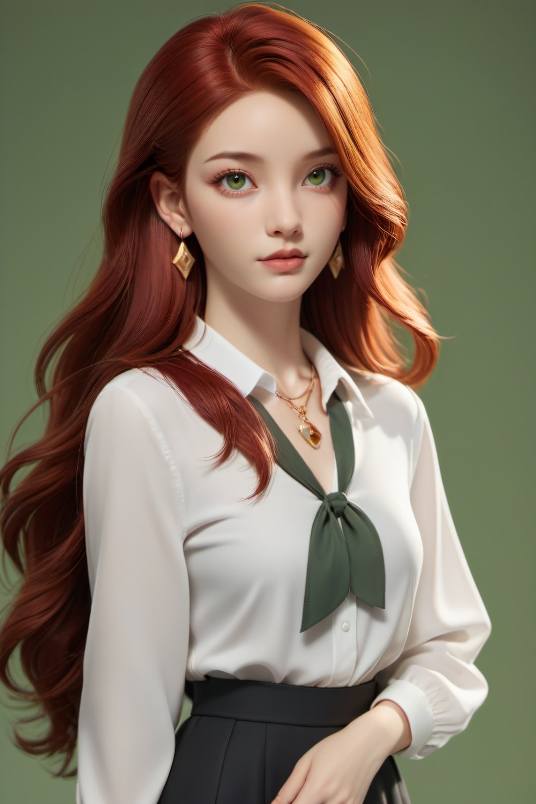 1girl, white shirt, simple background, long sleeves, red hair, shirt, jewelry, long hair, earrings, lips, solo, green eyes, upper body
