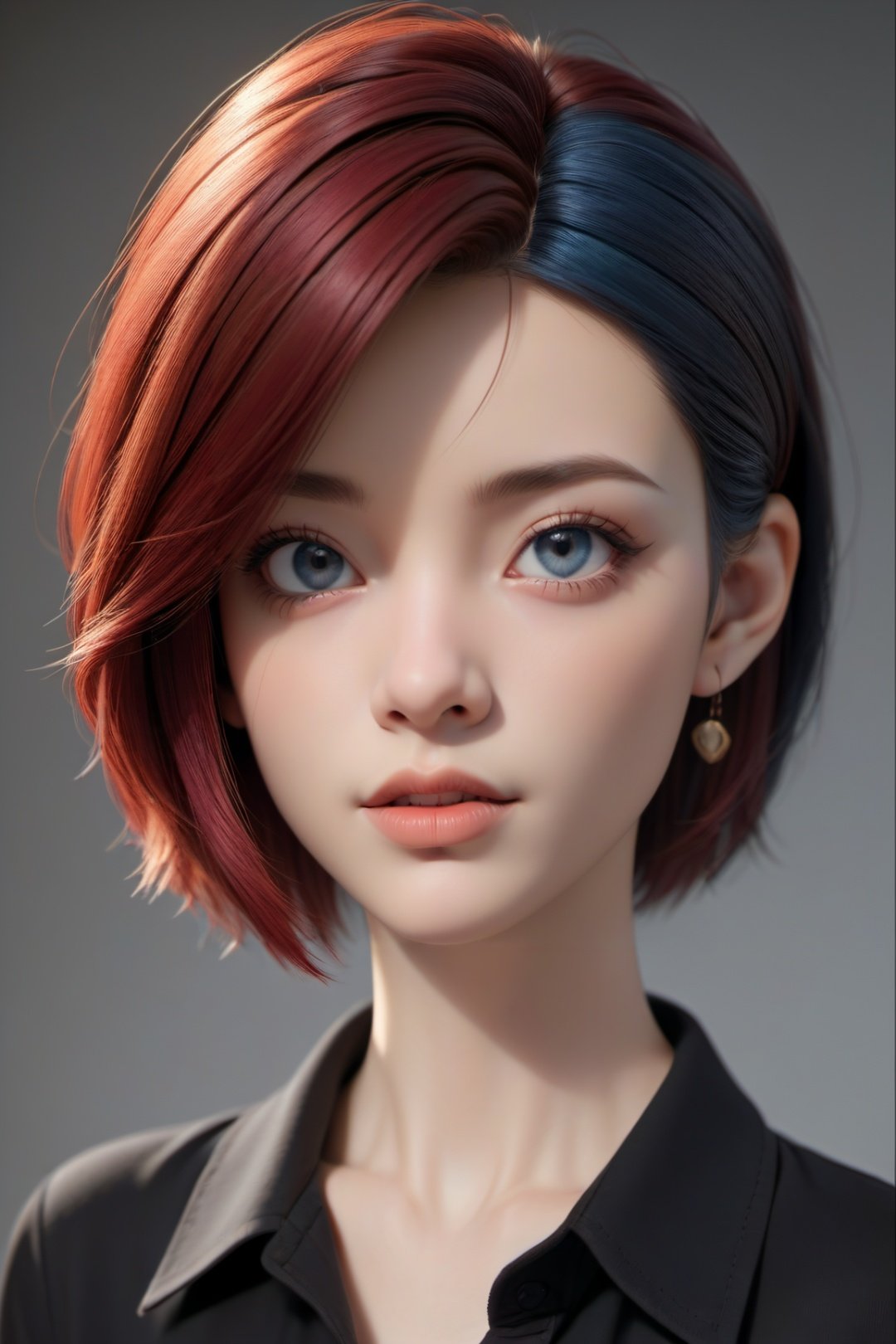 1girl, looking at viewer, short hair, eyelashes, streaked hair, portrait, white hair, shirt, red hair, black shirt, buttons, nose, lips, solo, blue eyes, parted lips, upper body , multicolored hair
