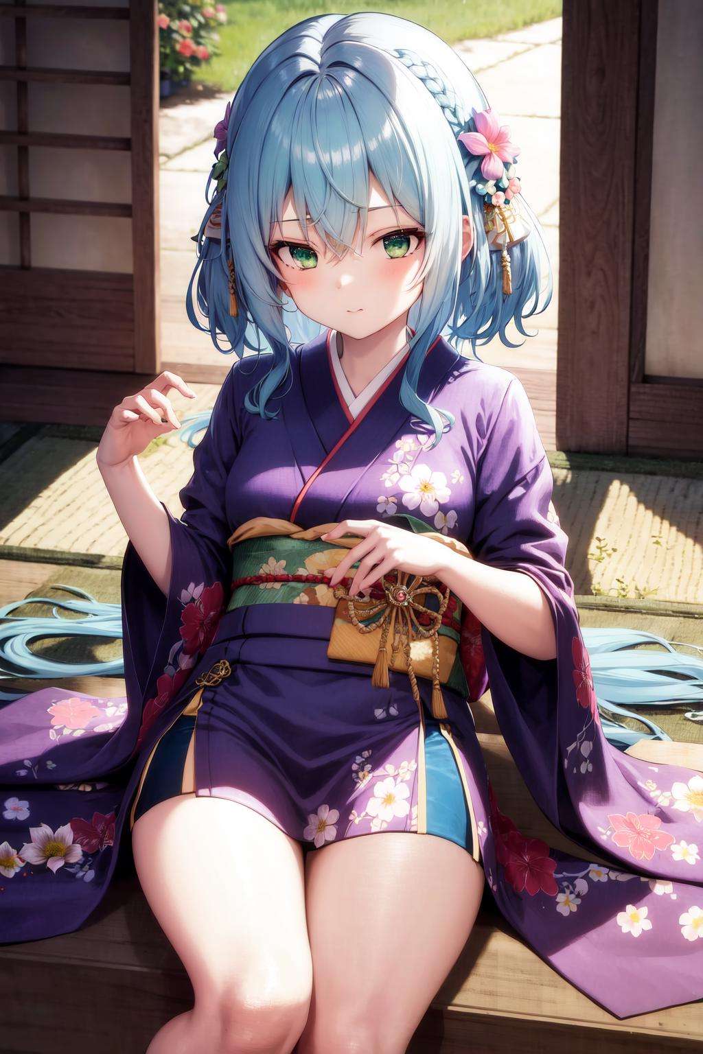 masterpiece, best quality, highres, 1girl blue hair green eyes hair ribbon hair flower <lora:villhaze_no_outfit:1> kimono