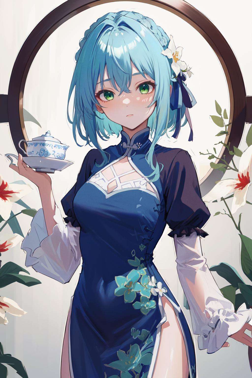 masterpiece, best quality, highres, 1girl blue hair green eyes hair ribbon hair flower <lora:villhaze_no_outfit:1> china dress