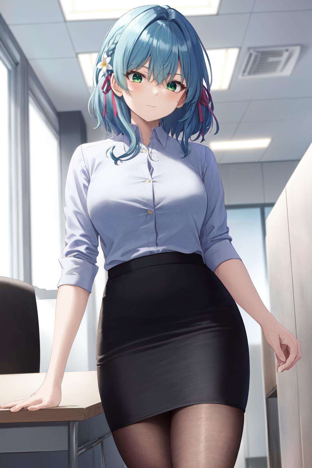 masterpiece, best quality, highres, 1girl blue hair green eyes hair ribbon hair flower <lora:villhaze_no_outfit:1> white shirt, pencil skirt, office lady