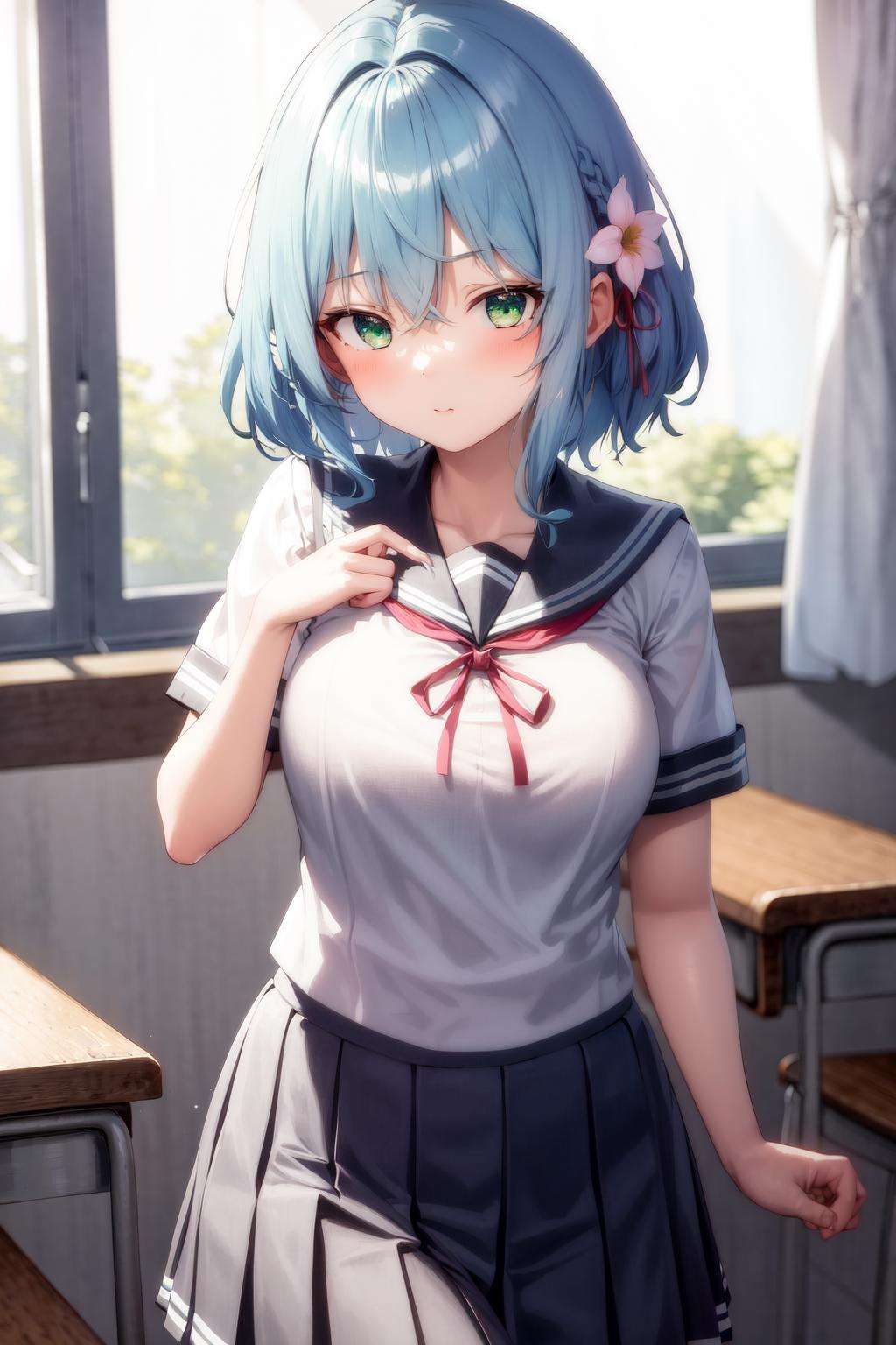 masterpiece, best quality, highres, 1girl blue hair green eyes hair ribbon hair flower <lora:villhaze_no_outfit:1> serafuku, school uniform, pleated skirt