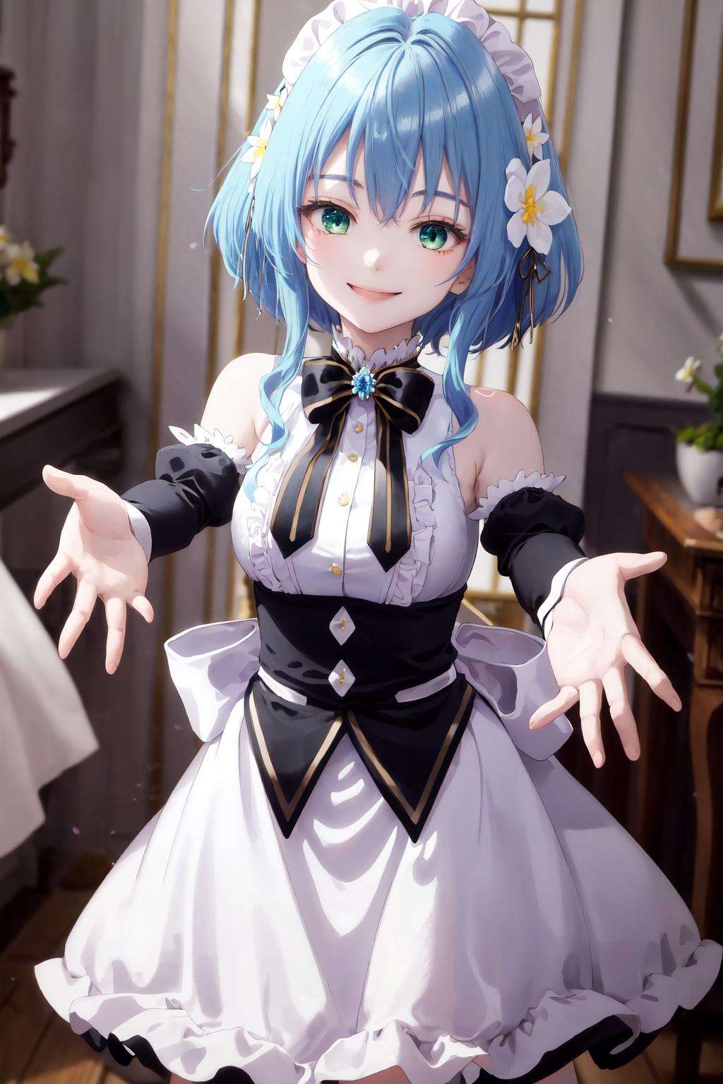 masterpiece, best quality, highres, 1girl blue hair green eyes hair ribbon hair flower, bare shoulders sleeveless shirt white shirt white apron black sleeves detached sleeves black bowtie frilled skirt thigh strap <lora:villhaze:1> outstretched arms, reaching out, smile