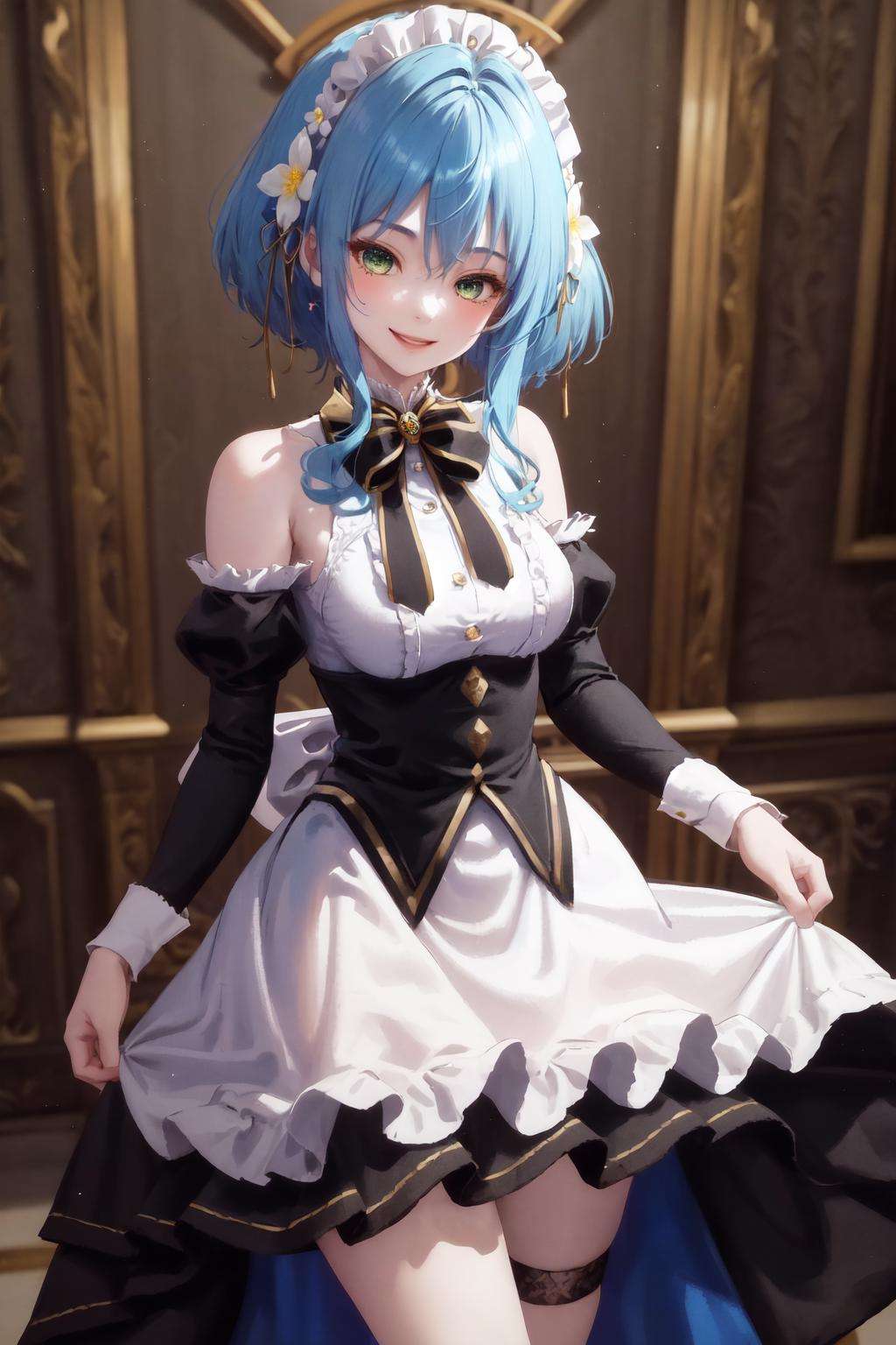 masterpiece, best quality, highres, 1girl blue hair green eyes hair ribbon hair flower, bare shoulders sleeveless shirt white shirt white apron black sleeves detached sleeves black bowtie frilled skirt thigh strap <lora:villhaze:1> standing, skirt lift, smile