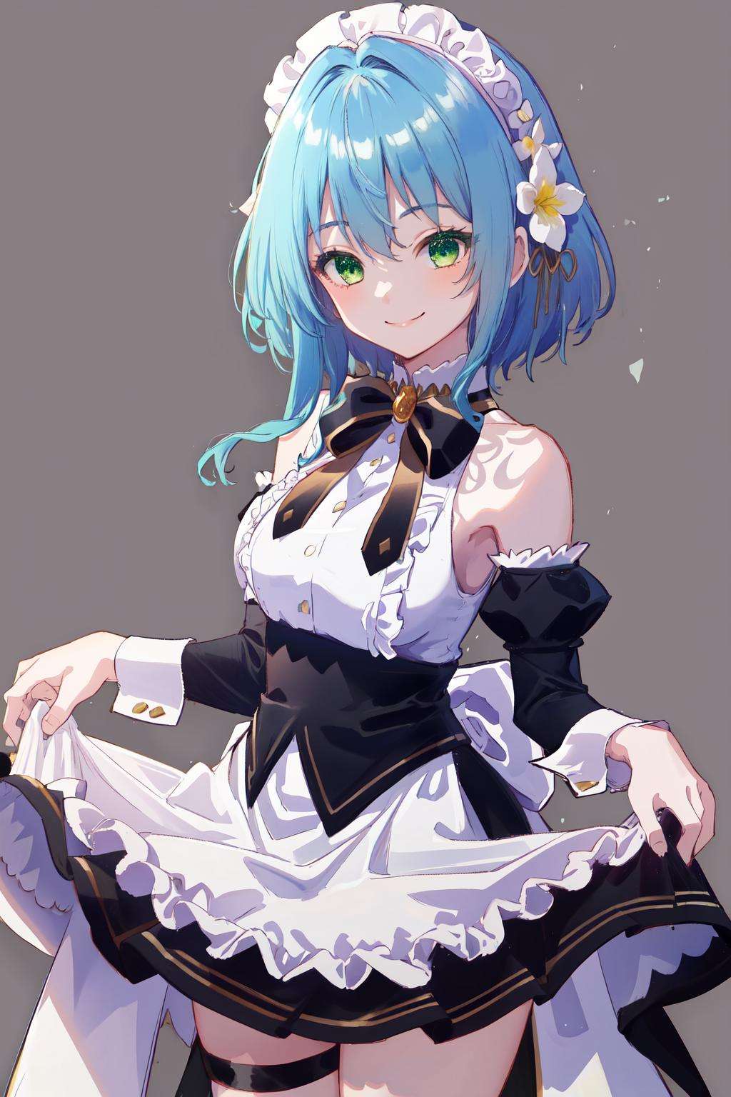 masterpiece, best quality, highres, 1girl blue hair green eyes hair ribbon hair flower, bare shoulders sleeveless shirt white shirt white apron black sleeves detached sleeves black bowtie frilled skirt thigh strap <lora:villhaze:1> simple background, smile, skirt lift, holding skirt