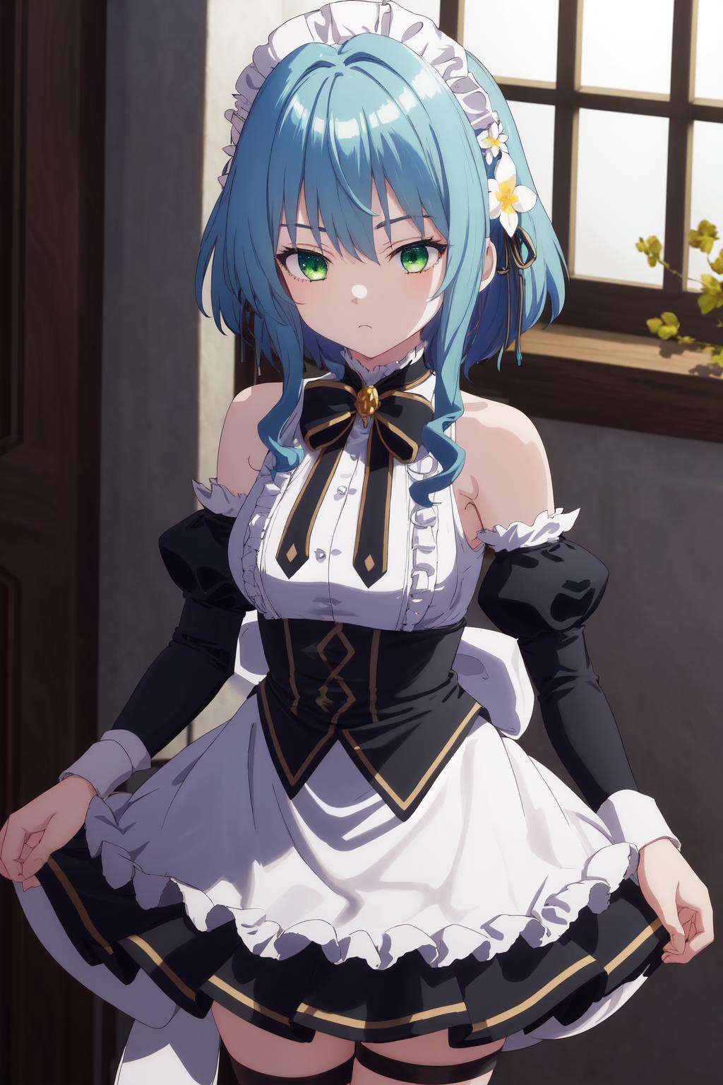 masterpiece, best quality, highres, 1girl blue hair green eyes hair ribbon hair flower, bare shoulders sleeveless shirt white shirt white apron black sleeves detached sleeves black bowtie frilled skirt thigh strap <lora:villhaze:1> standing