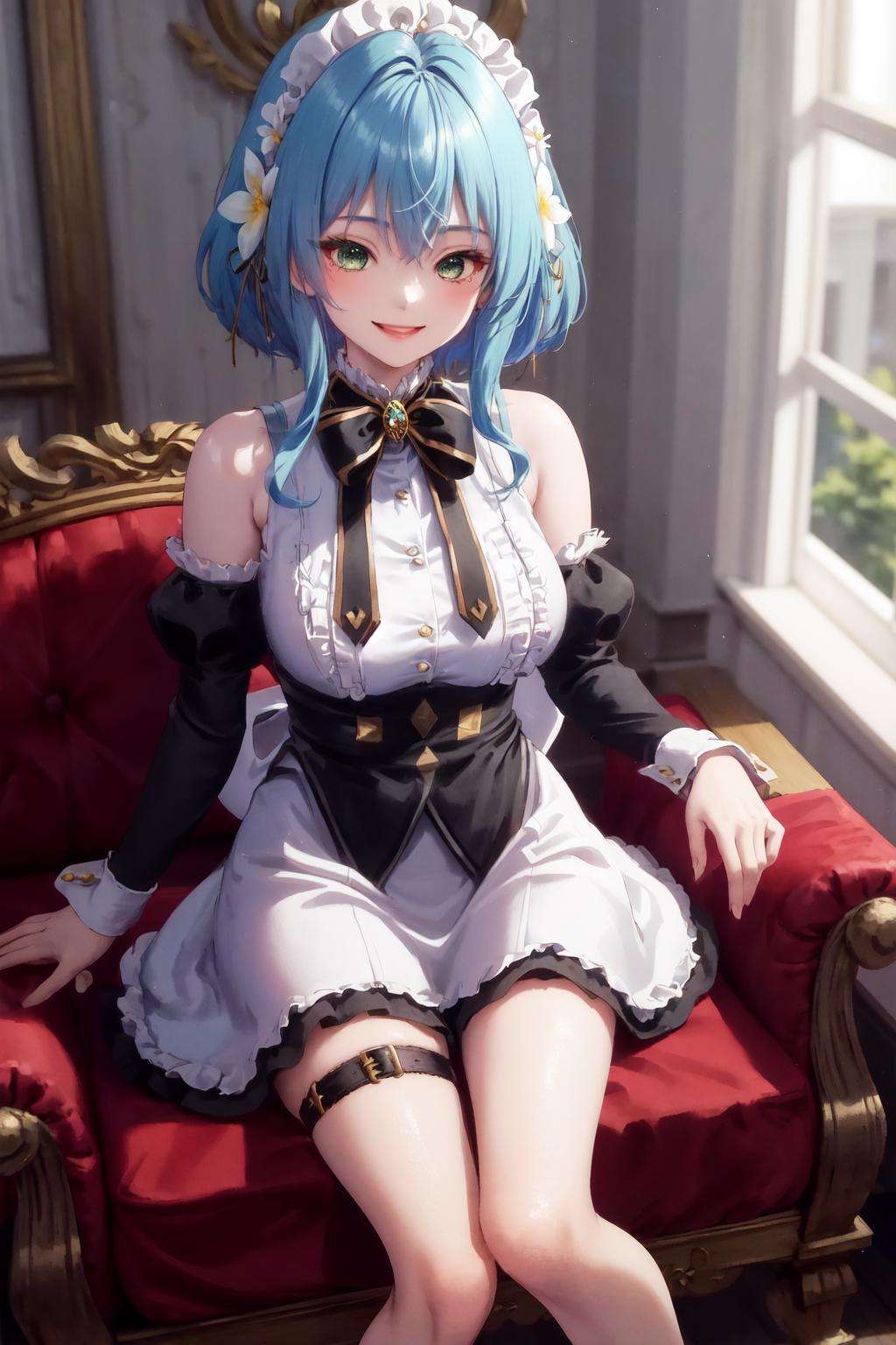 masterpiece, best quality, highres, 1girl blue hair green eyes hair ribbon hair flower, bare shoulders sleeveless shirt white shirt white apron black sleeves detached sleeves black bowtie frilled skirt thigh strap <lora:villhaze:1> sitting on chair, smile