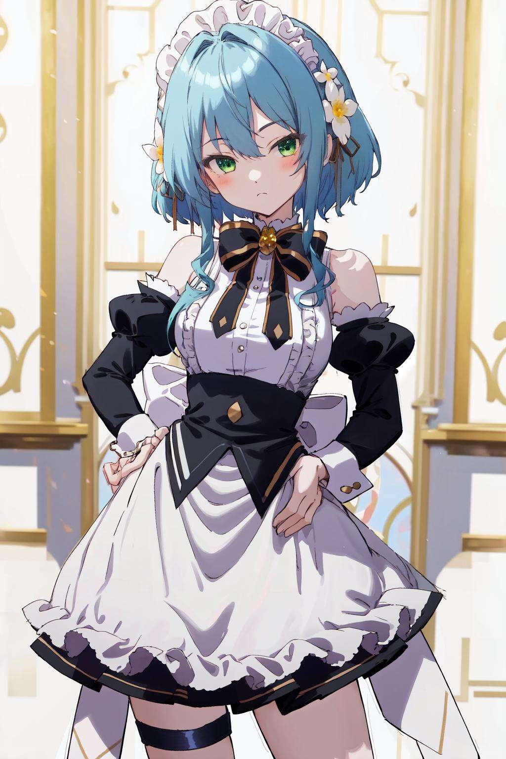 masterpiece, best quality, highres, 1girl blue hair green eyes hair ribbon hair flower, bare shoulders sleeveless shirt white shirt white apron black sleeves detached sleeves black bowtie frilled skirt thigh strap <lora:villhaze:1> hand on hip, looking at viewer