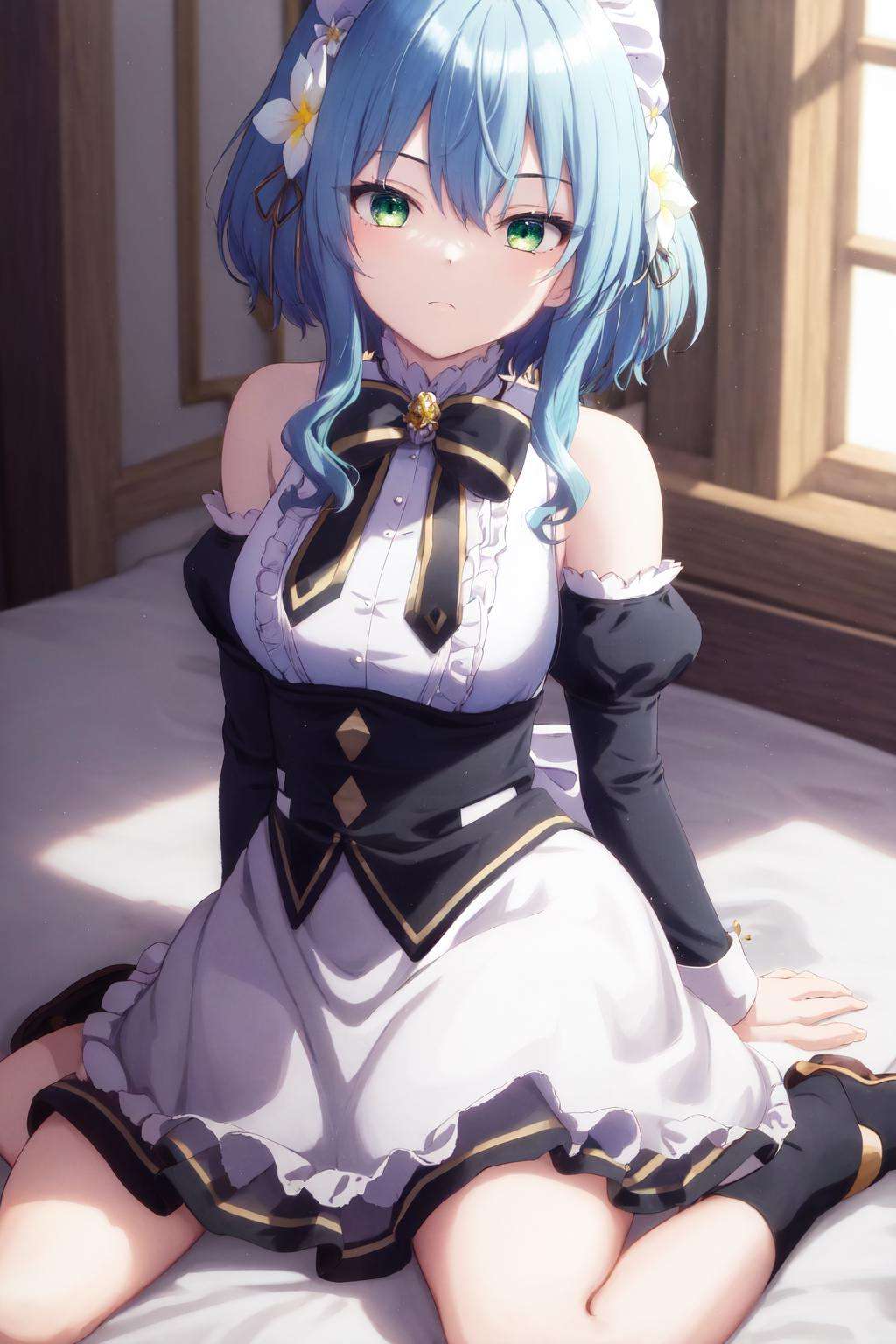 masterpiece, best quality, highres, 1girl blue hair green eyes hair ribbon hair flower, bare shoulders sleeveless shirt white shirt white apron black sleeves detached sleeves black bowtie frilled skirt thigh strap <lora:villhaze:1> sitting, wariza, arm support