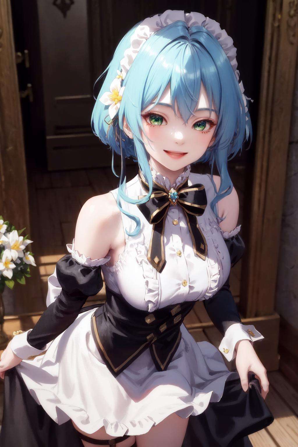 masterpiece, best quality, highres, 1girl blue hair green eyes hair ribbon hair flower, bare shoulders sleeveless shirt white shirt white apron black sleeves detached sleeves black bowtie frilled skirt thigh strap <lora:villhaze:1> leaning forward, smile, looking at viewer