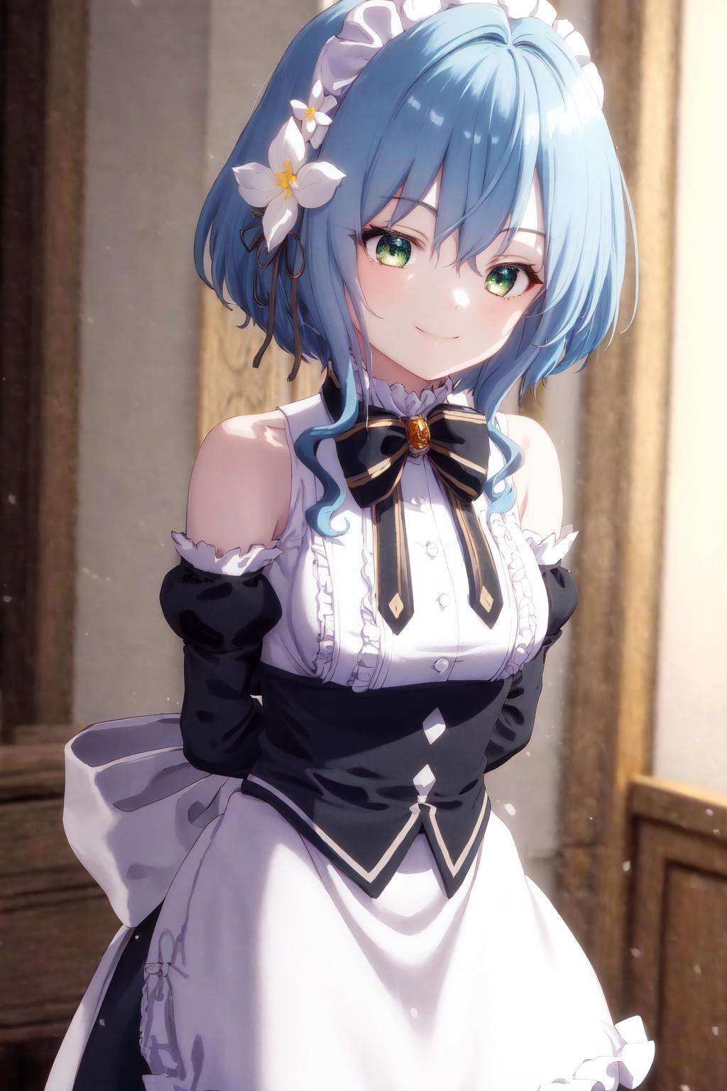 masterpiece, best quality, highres, 1girl blue hair green eyes hair ribbon hair flower, bare shoulders sleeveless shirt white shirt white apron black sleeves detached sleeves black bowtie frilled skirt thigh strap <lora:villhaze:1> leaning forward, arms behind back, smile