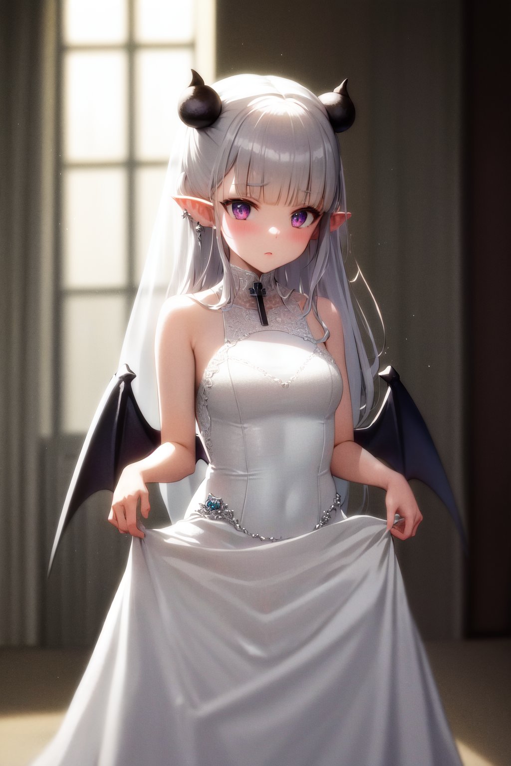 masterpiece, best quality, highres, 1girl naruse animal ears, demon wings <lora:naruse_demon:1> (wedding dress, white dress : 1.2), dress lift