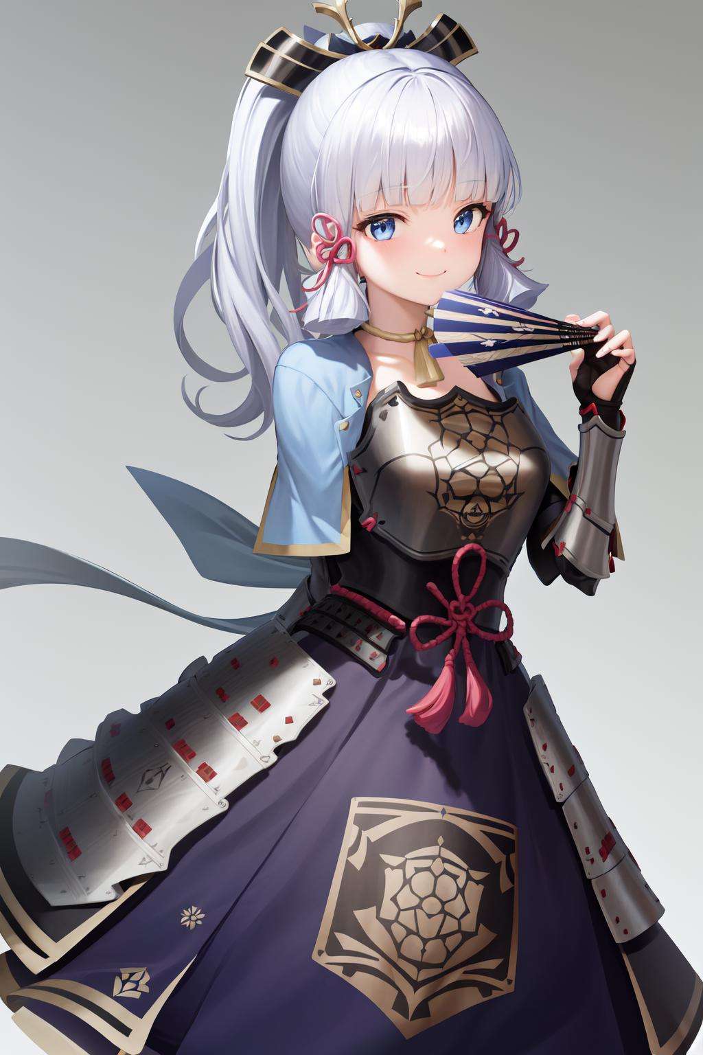 masterpiece, highres, best quality, 1girl solo, kamisato_ayaka, smile  <lora:kamisato_ayaka:1.2>arm guards, armored dress, breastplate, japanese armor, hand fan, fingerless gloves