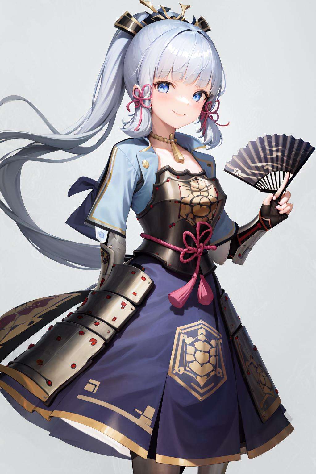 masterpiece, highres, best quality, 1girl solo, kamisato_ayaka, smile  <lora:kamisato_ayaka:1.2>arm guards, armored dress, breastplate, japanese armor, hand fan, fingerless gloves