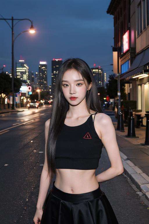 Fujifilm XT3, 8k,close up photo, masterpiece, best quality, (((1girl))), solo,realistic, ((looking at viewer)), photorealistic, (extremely detailed face), looking at viewer, ultra-detailed eyes and pupils, ultra detailed, serious expression, standing against a city skyline at night, cropped top,shirts, Suit skirt, ((navel)), <lora:yuqilorashy:1>