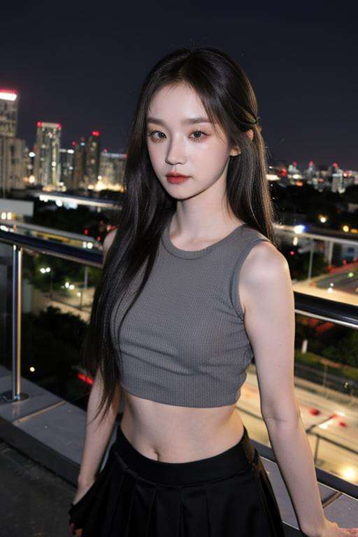 Fujifilm XT3, 8k,close up photo, masterpiece, best quality, (((1girl))), solo,realistic, ((looking at viewer)), photorealistic, (extremely detailed face), looking at viewer, ultra-detailed eyes and pupils, ultra detailed, serious expression, standing against a city skyline at night, cropped top,shirts, Suit skirt, ((navel)), <lora:yuqilorashy:1>