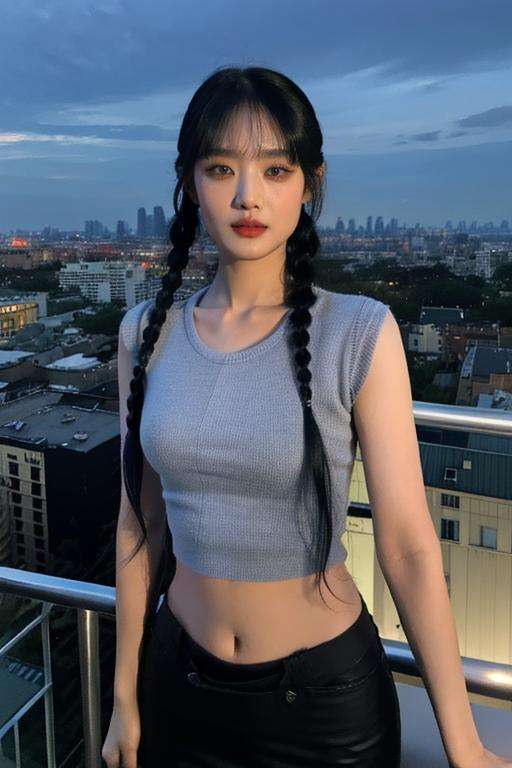 Fujifilm XT3, 8k,close up photo, masterpiece, best quality, (((1girl))), solo,realistic, ((looking at viewer)), photorealistic, (extremely detailed face), looking at viewer, ((ultra-detailed eyes and pupils)), ultra detailed, serious expression, standing against a city skyline at night, cropped top,shirts, Suit skirt, ((navel)), braided hair, <lora:minnielorashy:1>