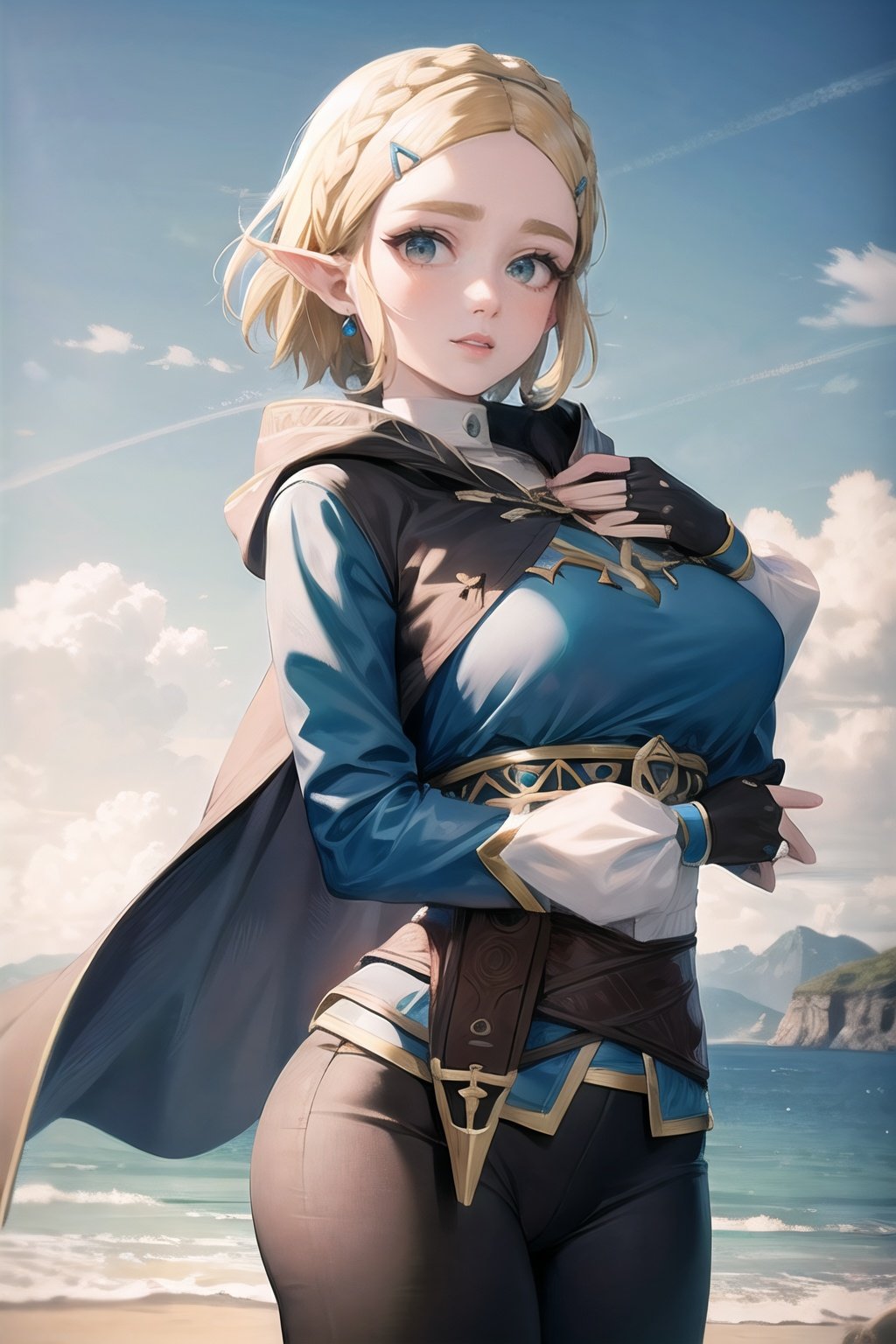 princess_zelda_aiwaifu,aiwaifu,pointy ears,braid,hair ornament,hairclip,gloves,fingerless gloves,blue shirt,shirt,long sleeves,crown braid,bangs,pants,black gloves,green eyes,parted bangs,black pants,short hair,long hair,cape,sidelocks,hood,thick eyebrows,jewelry,hooded cape,belt,tight pants,tight,large breasts,puffy sleeves,masterpiece,best quality,ultra detailed, 8k, cinematic light,highly detailed, scenery,pose,solo,looking at viewer,