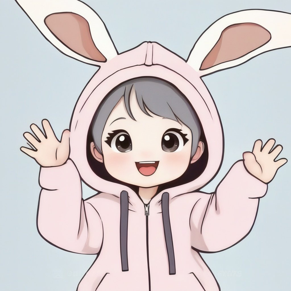 avatar cute, 1girl, solo, looking at viewer, blush, smile, short hair, open mouth, bangs, simple background, long sleeves, white background, animal ears, jacket, upper body, :d, grey hair, hood, rabbit ears, arms up, grey eyes, hoodie, fake animal ears, upper teeth only, puffy long sleeves, animal hood, drawstring, rabbit hood, pink hoodie