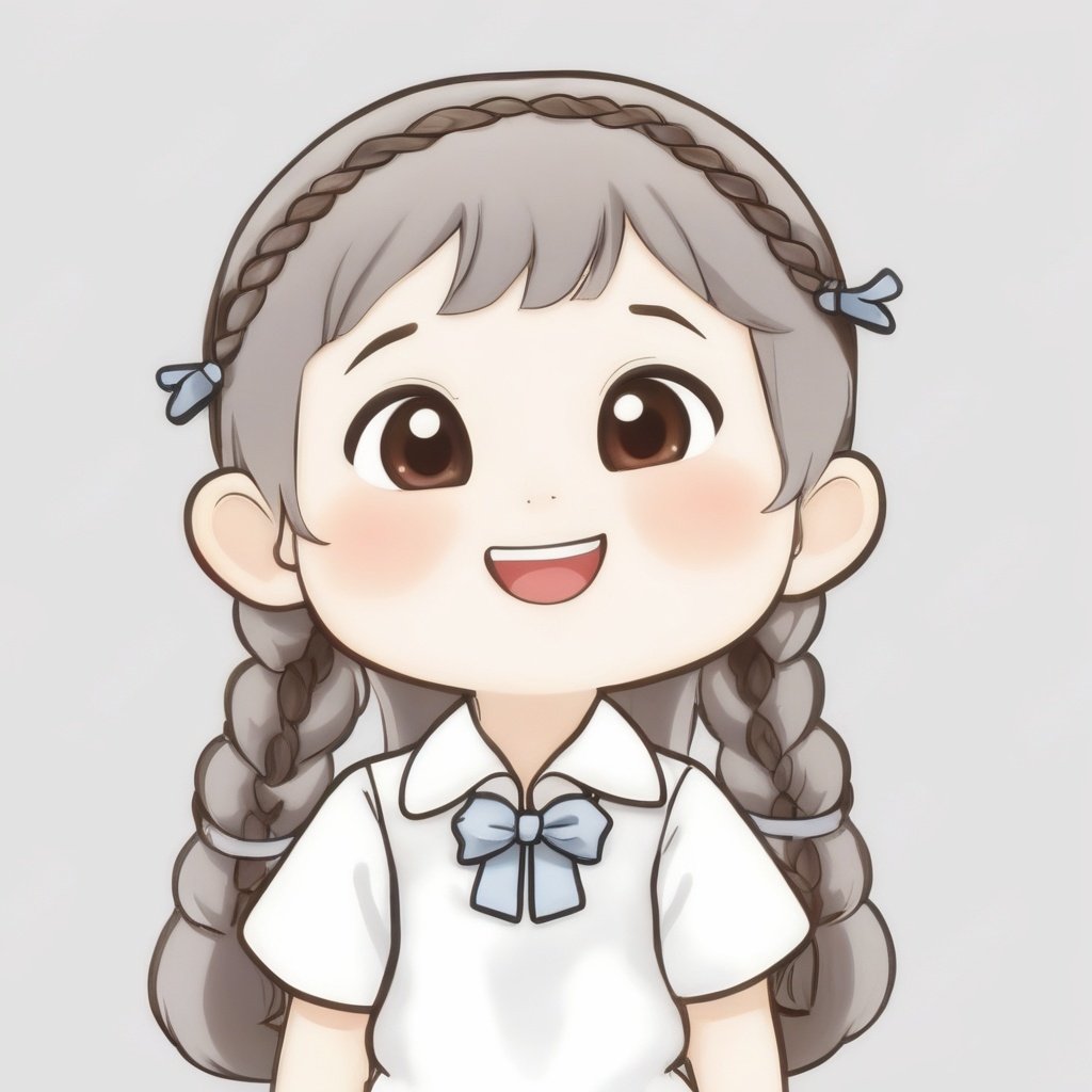 avatar cute, 1girl, solo, long hair, blush, smile, open mouth, bangs, simple background, shirt, hair ornament, ribbon, brown eyes, hair ribbon, white shirt, upper body, braid, ahoge, white hair, short sleeves, :d, hairclip, grey background, chibi, twin braids, sparkle