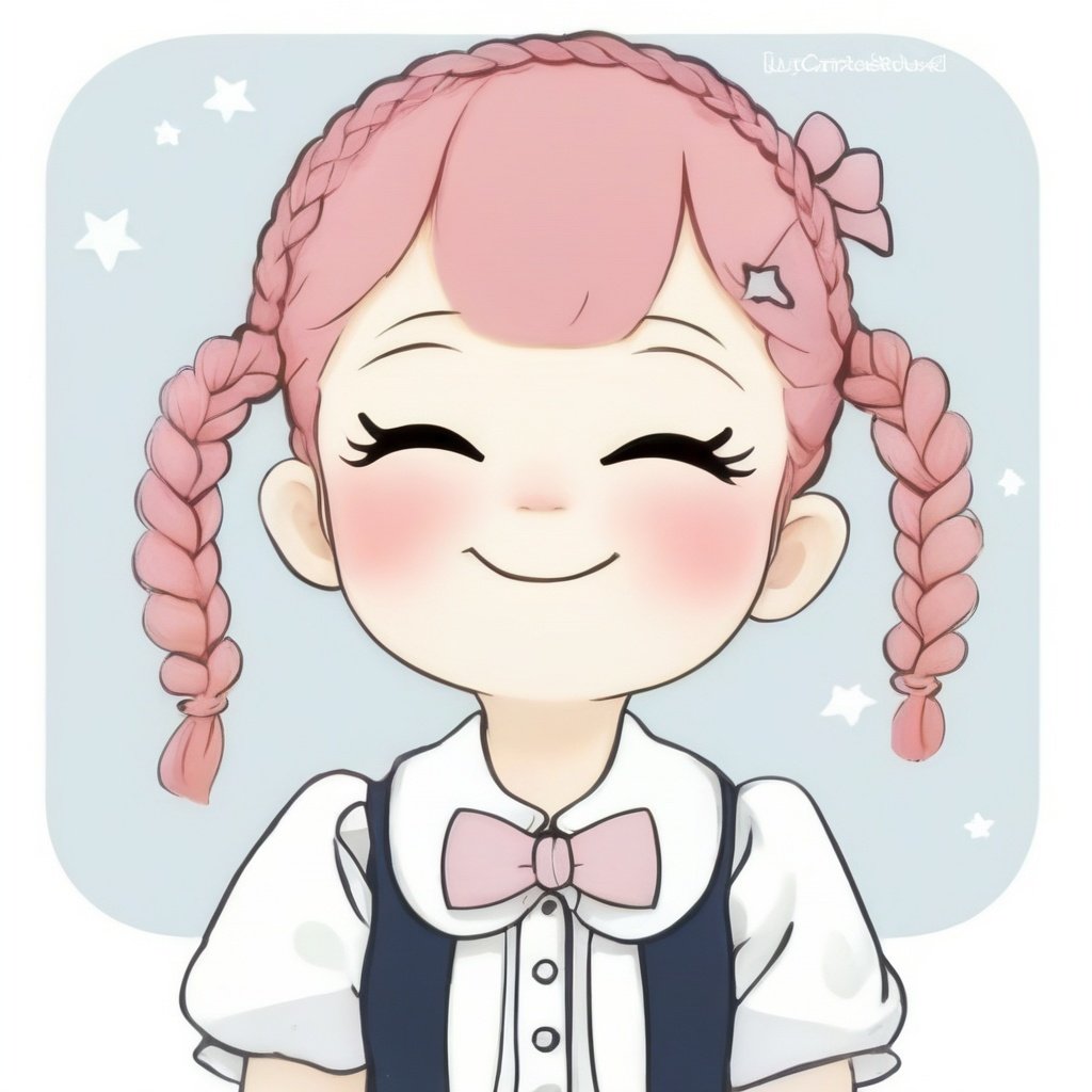 avatar cute, 1girl, solo, long hair, blush, smile, open mouth, bangs, simple background, shirt, white background, bow, closed eyes, upper body, pink hair, braid, :d, bowtie, star (symbol), twin braids, ^_^, pink bow, facing viewer