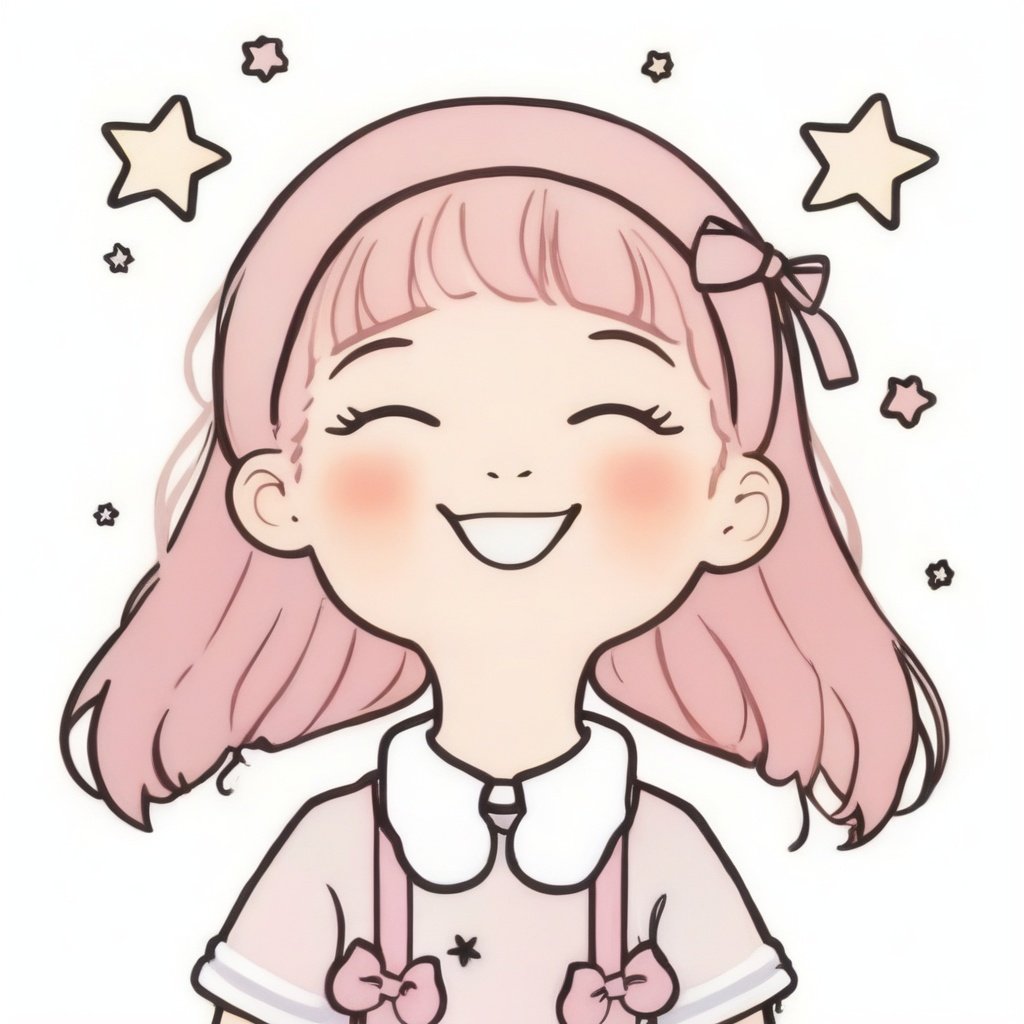 avatar cute, 1girl, solo, long hair, blush, smile, open mouth, bangs, simple background, shirt, white background, bow, closed eyes, upper body, pink hair, braid, :d, bowtie, star (symbol), twin braids, ^_^, pink bow, facing viewer