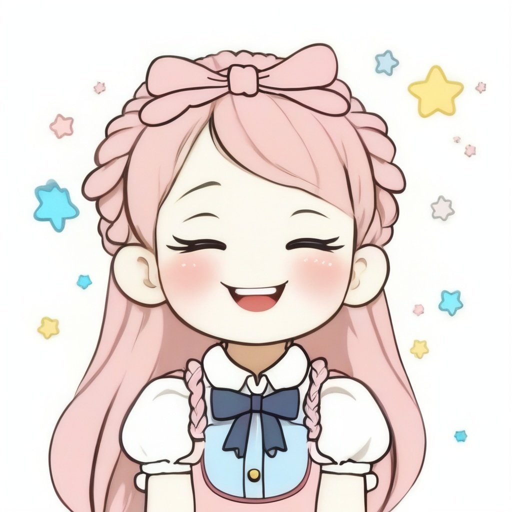 avatar cute, 1girl, solo, long hair, blush, smile, open mouth, bangs, simple background, shirt, white background, bow, closed eyes, upper body, pink hair, braid, :d, bowtie, star (symbol), twin braids, ^_^, pink bow, facing viewer