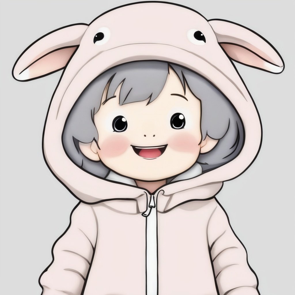 avatar cute, 1girl, solo, looking at viewer, blush, smile, short hair, open mouth, bangs, simple background, long sleeves, white background, animal ears, jacket, upper body, :d, grey hair, hood, rabbit ears, arms up, grey eyes, hoodie, fake animal ears, upper teeth only, puffy long sleeves, animal hood, drawstring, rabbit hood, pink hoodie