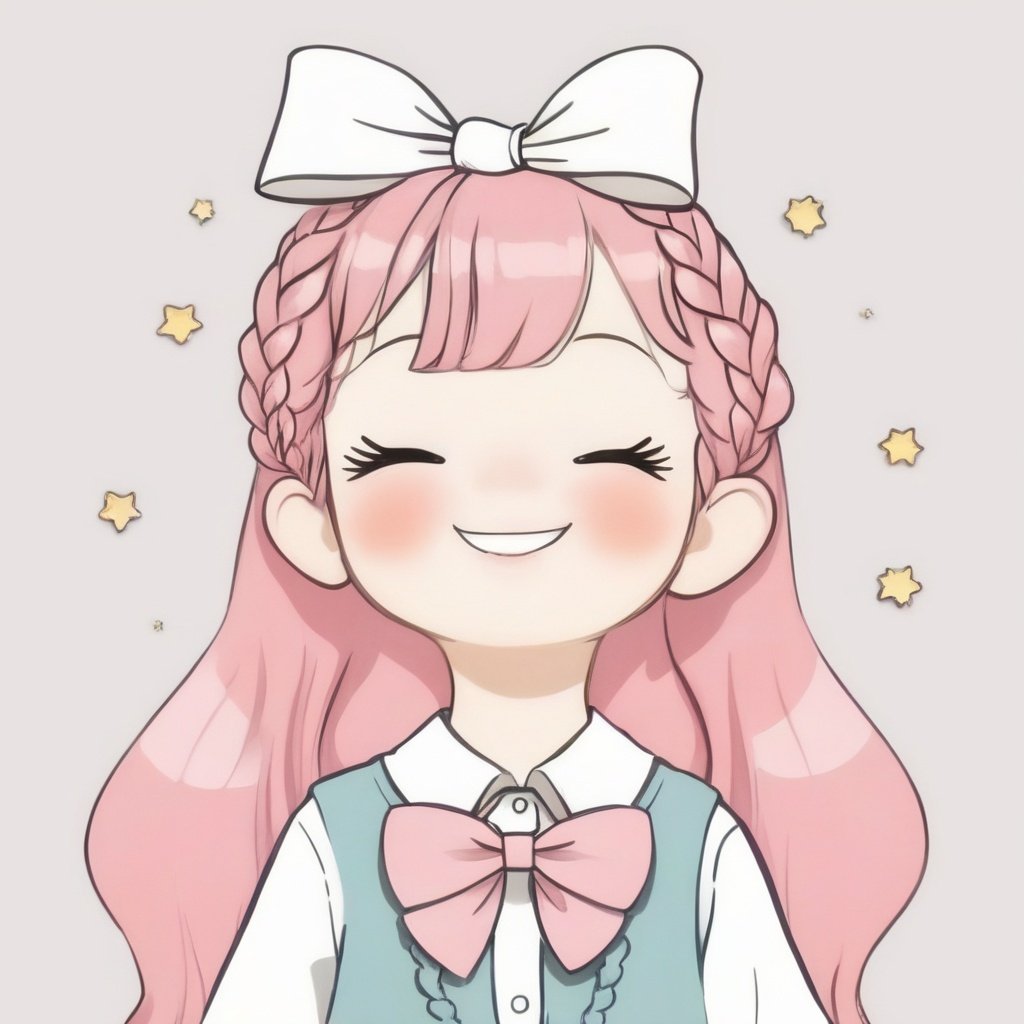 avatar cute, 1girl, solo, long hair, blush, smile, open mouth, bangs, simple background, shirt, white background, bow, closed eyes, upper body, pink hair, braid, :d, bowtie, star (symbol), twin braids, ^_^, pink bow, facing viewer