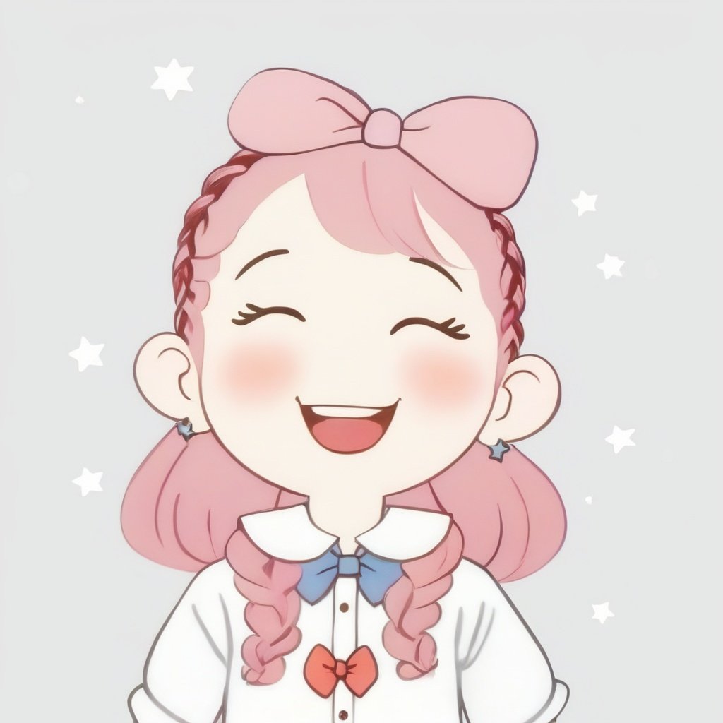 avatar cute, 1girl, solo, long hair, blush, smile, open mouth, bangs, simple background, shirt, white background, bow, closed eyes, upper body, pink hair, braid, :d, bowtie, star (symbol), twin braids, ^_^, pink bow, facing viewer