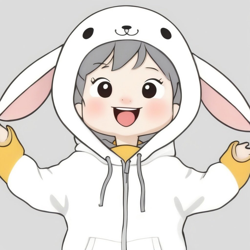 avatar cute, 1girl, solo, looking at viewer, blush, smile, short hair, open mouth, bangs, simple background, long sleeves, white background, animal ears, jacket, upper body, :d, grey hair, hood, rabbit ears, arms up, grey eyes, hoodie, fake animal ears, upper teeth only, puffy long sleeves, animal hood, drawstring, rabbit hood, pink hoodie