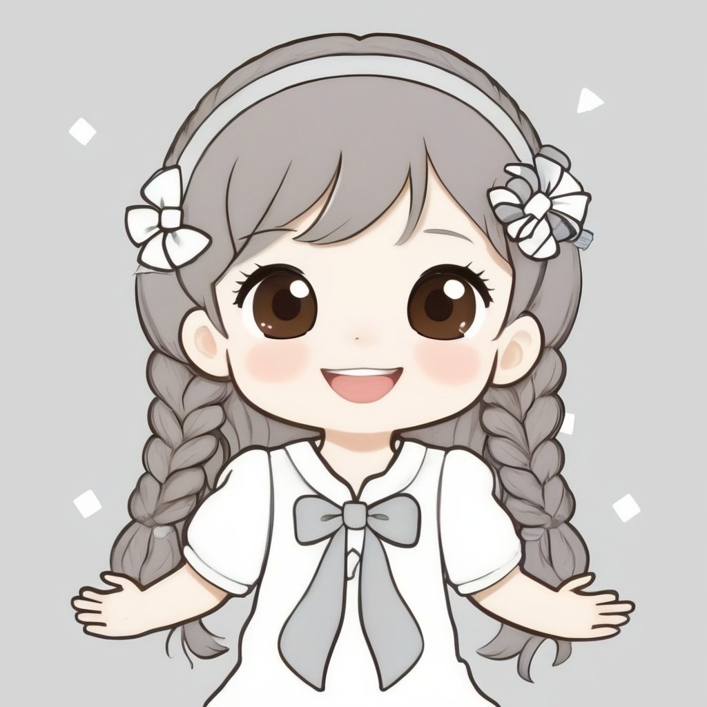 avatar cute, 1girl, solo, long hair, blush, smile, open mouth, bangs, simple background, shirt, hair ornament, ribbon, brown eyes, hair ribbon, white shirt, upper body, braid, ahoge, white hair, short sleeves, :d, hairclip, grey background, chibi, twin braids, sparkle