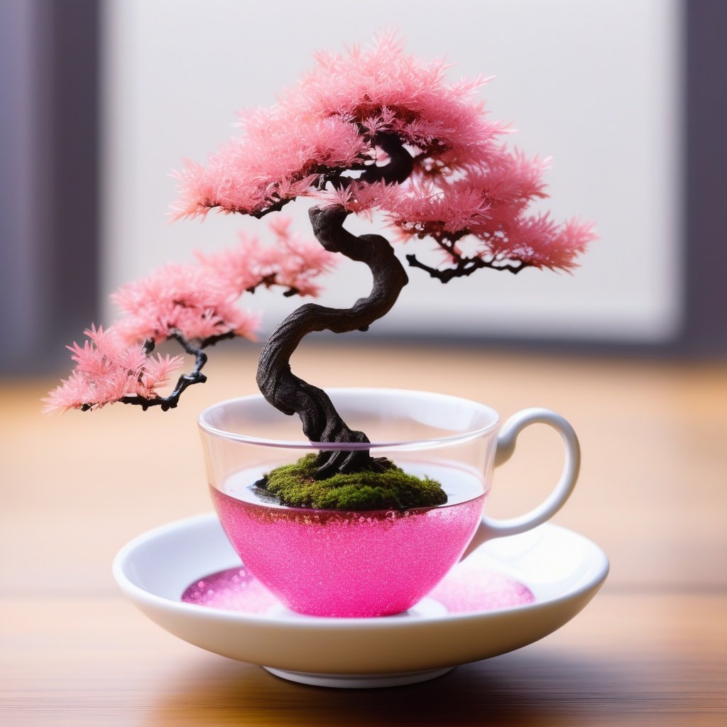 mini bonsai in a tea cup, pink leaf, sparkle, transparent tea cup, smoke around,