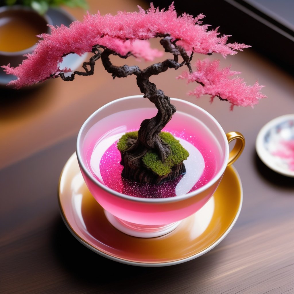 mini bonsai in a tea cup, pink leaf, sparkle, transparent tea cup, smoke around,