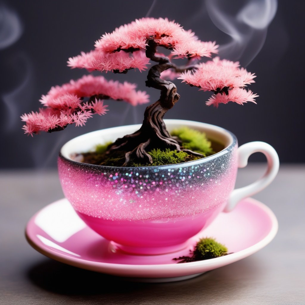 mini bonsai in a tea cup, pink leaf, sparkle, transparent tea cup, smoke around,