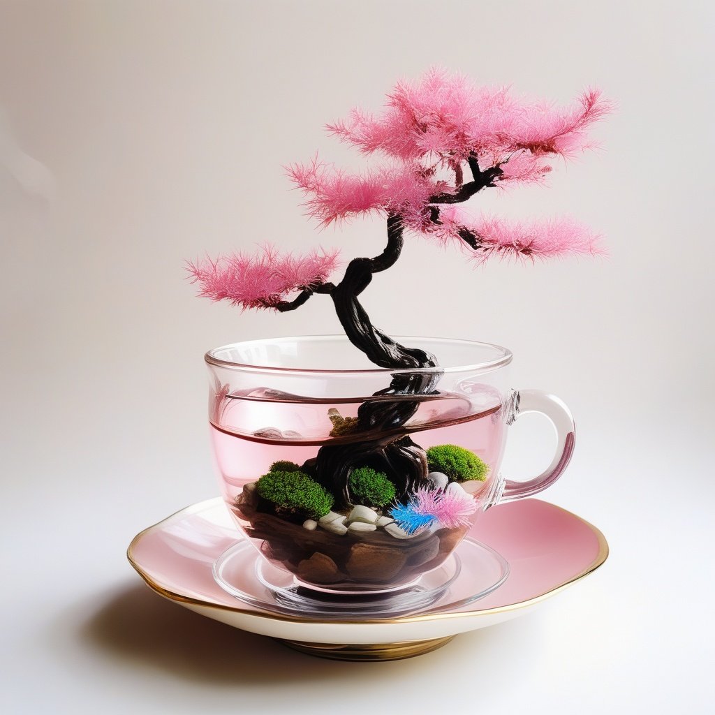 mini bonsai in a tea cup, pink leaf, sparkle, transparent tea cup, smoke around, fishes in a cup,