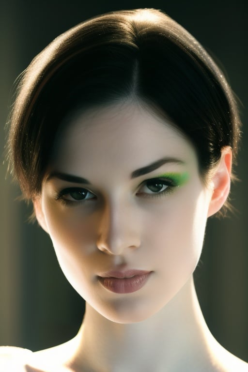 a portrait photo of a beautiful wo_stoya with white pale skin, (short black hair), green eyes, (face portrait:1.5), dramatic light , Rembrandt lighting scheme, (hyperrealism:1.2), (photorealistic:1.2), shot with Canon EOS 5D Mark IV, detailed face, detailed hair