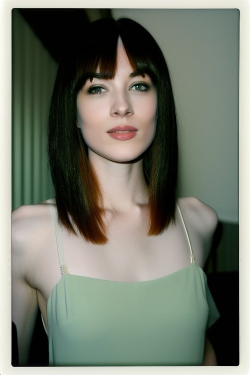 pale woman wo_stoya02, green eyes, portrait, (instant photography:1.2), medium straight hair with bangs, slight smile, no makeup