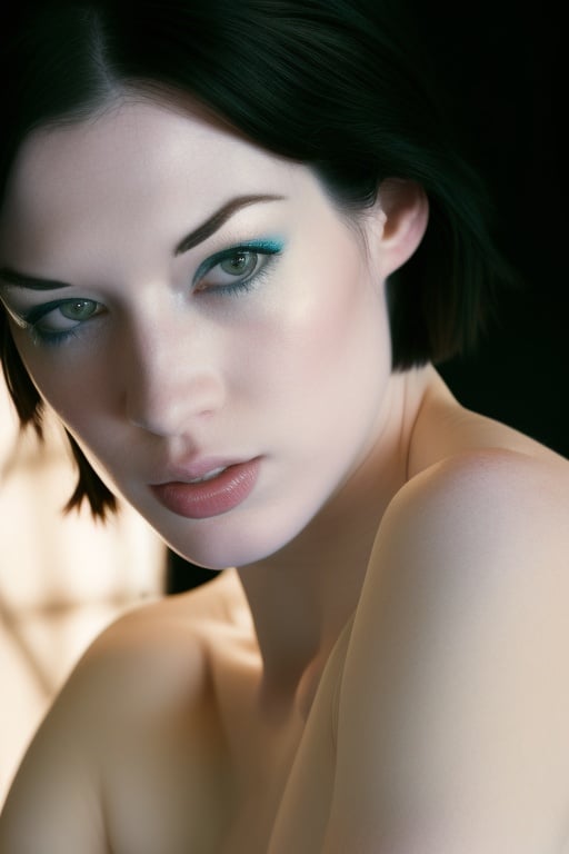 portrait of the wo_stoya02, (head and shoulders shot:1.2), short black hair, white pale skin, nude, black background, global illumination, high details, UHD, RAW, HDR effect, beautiful, aesthetic, perfect lighting