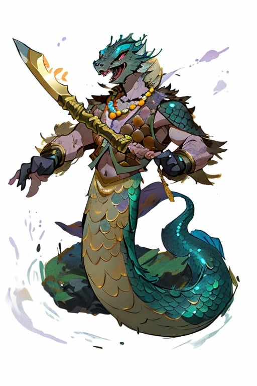 Black Cobra, under belly is gold, golden_eyes, brown Fur vest, Purple pray bead necklace, Giant war axe in one hand, under belly is gold, no legs, Mermaid, <lora:EMS-638-EMS:0.5>, <lora:EMS-5485-EMS:0.5>, <lora:EMS-18800-EMS:0.6>