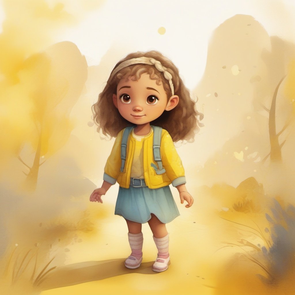 strybk, A beautiful little girl, 2d, yellow background, unreal engine , kids story book style, muted colors, watercolor style