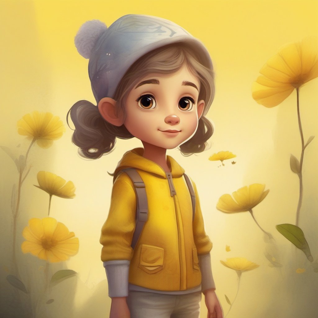 strybk, A beautiful little girl, 2d, yellow background, unreal engine , kids story book style, muted colors, watercolor style