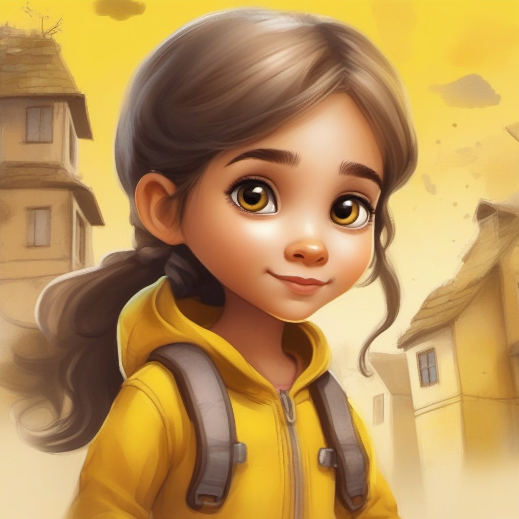 strybk, A beautiful little girl, 2d, yellow background, unreal engine , kids story book style, muted colors, watercolor style