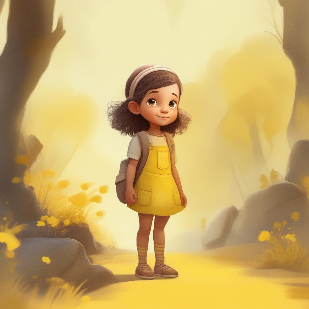 strybk, A beautiful little girl, 2d, yellow background, unreal engine , kids story book style, muted colors, watercolor style