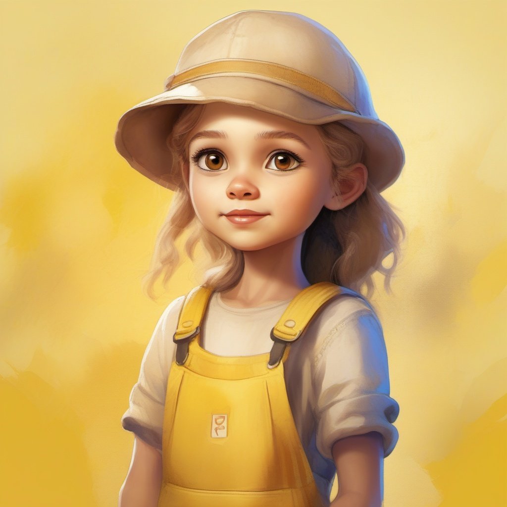 strybk, A beautiful little girl, 2d, yellow background, unreal engine , kids story book style, muted colors, watercolor style