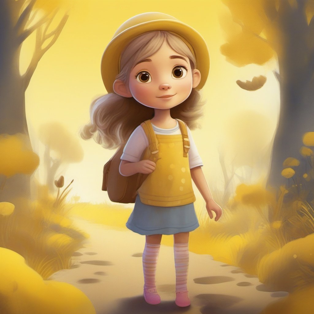 strybk, A beautiful little girl, 2d, yellow background, unreal engine , kids story book style, muted colors, watercolor style