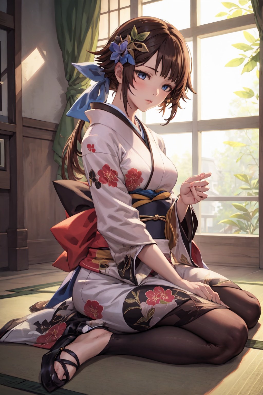 masterpiece, best quality, 1girl, solo, LeonaGB, ponytail, indoors, kimono, hair flower, floral print, wariza, sitting, hands on own knees 