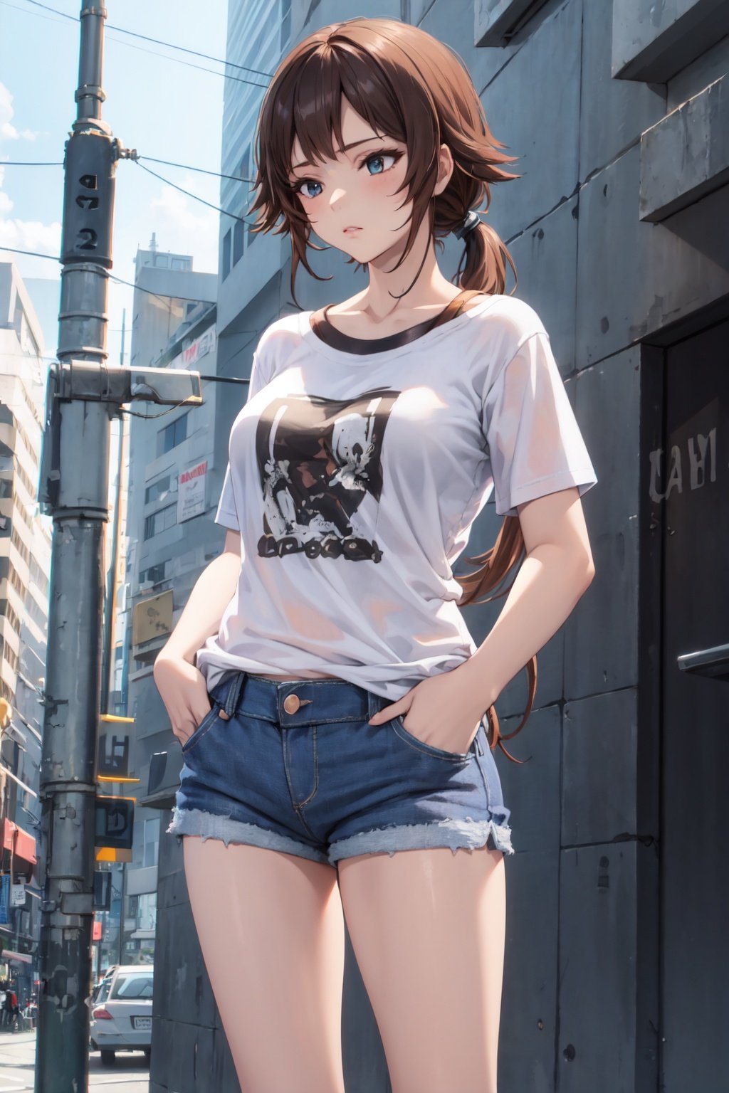 masterpiece, best quality, 1girl, solo, LeonaGB, low ponytail, long hair, graphic tee, denim shorts, standing, outdoors, city, hands in pockets
