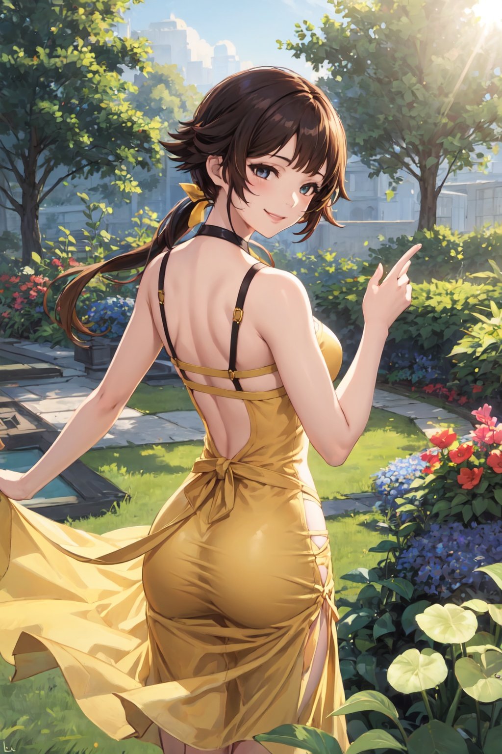 masterpiece, best quality, 1girl, solo, LeonaGB, low ponytail, long hair, from behind, (yellow sundress), garden, day, sunshine, smile, looking back
