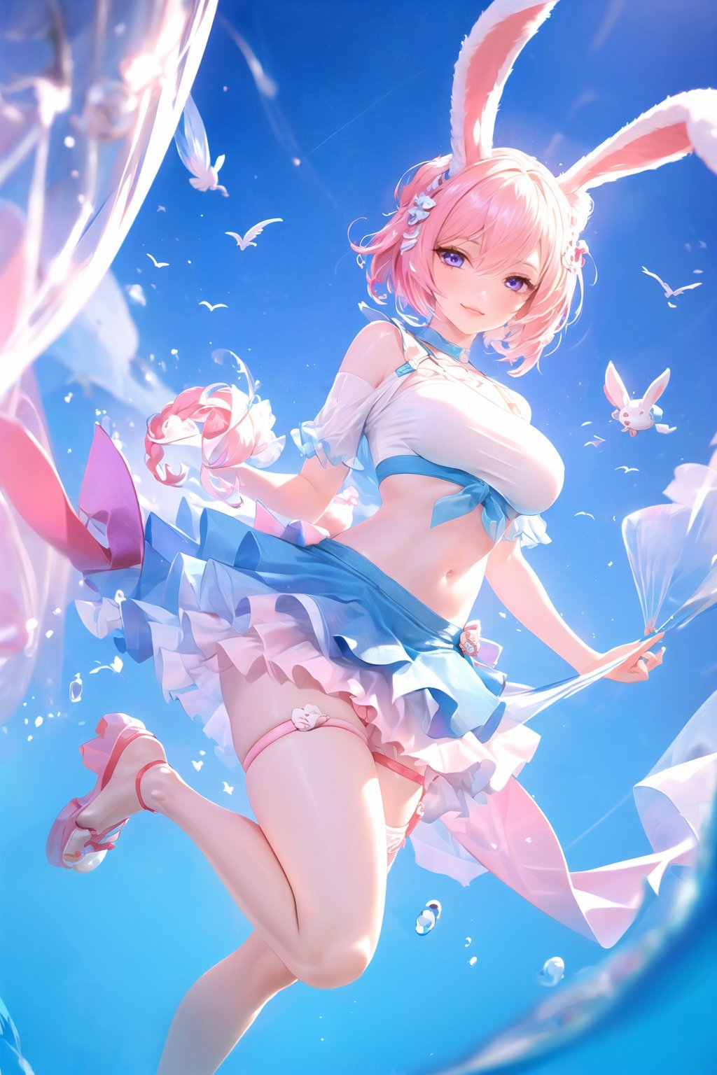 (1girl: 1.2), (breasts: 1.1), (short hair), (sirius_(azur_lane)),hello kitty decorations on clothes and hair, pink hair, short shirt, swimming ring, holding a big pink fan, blueminiskirt, braid, ponytail, light smile, rabbit ears, solo, under water,looking_at_viewer, curtains, barefoot, rating:safe, parted_lips, hair_between_eyes, purple_eyes, thigh_strap, sirius_(azure_horizons)_(azur_lane), large_breasts, lips, water, bangs, thighlet, pelvic_curtain,shuixia,full ,blurry,1girl,pink hair,